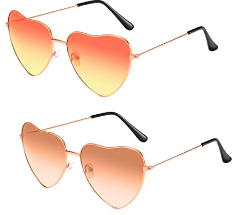 GANMFOYC 2 Paare Herzform Sonnenbrille für Frauen,Festival Hippie Gläser Herz Brille Vintage Lovely Sonnenbrille,Ultra-Leicht Metallrahme Partybrillen für Freizeit Fahren Golf (Rot Gelb Türkis)