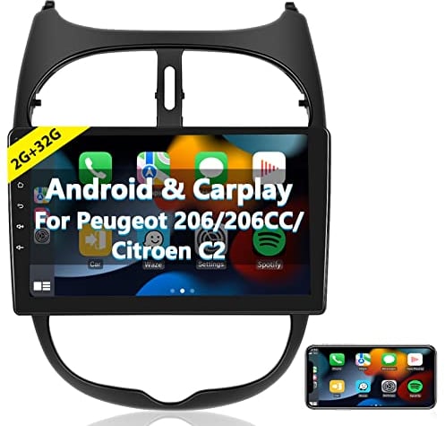 Podofo Carplay Autoradio für Peugeot 206/206CC 2001-2016 Cirteon C2, Android 2G+64G HiFi, 9 Touchscreen Android Auto GPS Navi WiFi Bluetooth FM RDS Radio USB Auto-Stereo-Player