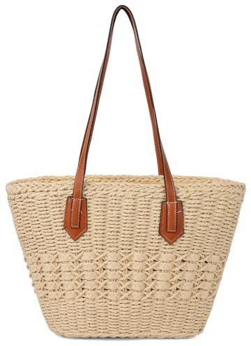 Pocadri Women's Straw Shoulder Bag Large Rattan Woven Totes Summer Travel Beach Handbag Handmade Top Handle Purse, Beige