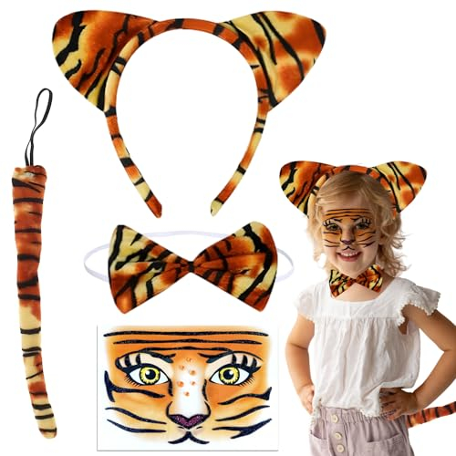 Yi'antai 4 Teilig Tiger Kostüm Set, Tigerenohren Haarreif, Tier Tiger Stirnband Fliege, Tiger Schwanz, Tiger Gesichts Kunst Aufkleber, Tiger Kostüme für Kinder für Karneval Cosplay