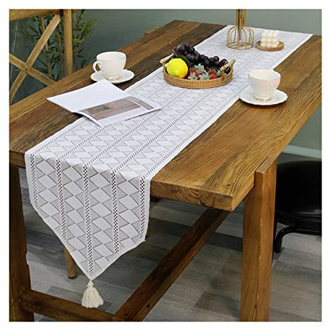 Gualiy Tischläufer Quadratisch Outdoor, Polyester Tischläufer Waschbar 33x160cm Geometrisches Muster Tischläufer für Glastisch, Weiß
