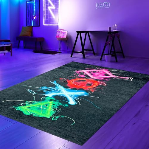 Teppich-Traum Teppich Gamingzimmer pflegeleicht robust leuchtende Symbole mit Neonfaben in bunt, 80 x 120 cm