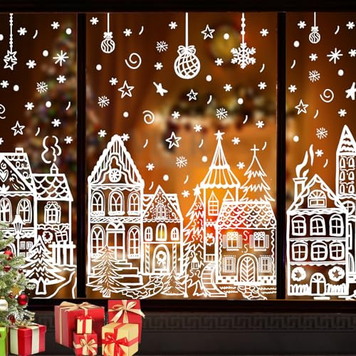 DIYDEC 4 Bögen große Weihnachts-Fensteraufkleber, weißes Haus, Schneemann, Schneeflocke, PVC, Winterlich, 40 x 70 cm, für Glas