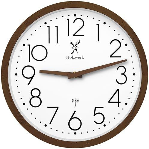 Holzwerk Holz Funkwanduhr Wanduhr Holz-Uhr Vintage Funkuhr lautloses Uhrwerk ohne Tickgeräusche Braun Buche Weiß lautlos aus handgefertigtem Massivholz Natur Holzzeiger Holz 30 cm (Braun.weiß)