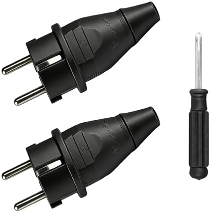 Schuko Stecker, 2 Stück Stecker 230V mit Knickschutz | Stromstecker mit Schraubendreher, Robustes Gummi Kabel Stecker,schukostecker 230V 16A für den Außenbereich geeignet