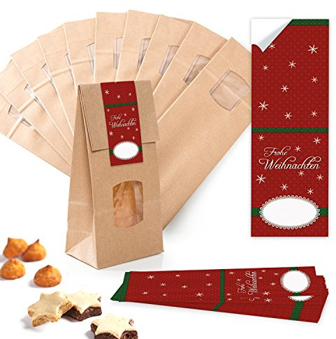 Logbuch-Verlag 10 Gebäckbeutel mit Sichtfenster für Tee Gewürze Weihnachten Plätzchen Gebäck Pralinen 10 x 6,5 x 27 cm Papiertüten