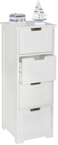 Wohnling Badschrank 30x30x83 cm MDF Weiß, 4 Schubladen Landhausstil | Badkommode schmal mit Stauraum, Badezimmerschrank klein, Beistellschrank für Bad und Flur, Standschrank