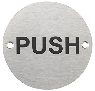 Fire Door Guru® Push Door Sign - 76mm Disc - Stainless Steel Safety Sign - Fixings Included