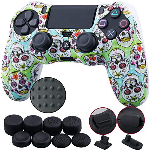9CDeer 1 Pieza de Siliconas Tachonado Transferencia de Agua Protector Manga Caso Cubierta Piel Cover Skin + 8 Thumb Grip + 2 a Prueba de Polvo Tapones para Mando PS4/Slim/Pro, Color del cráneo