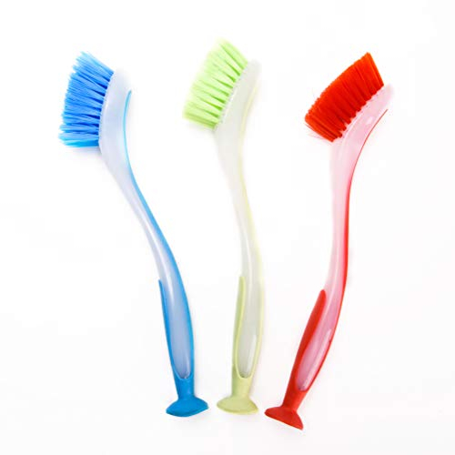 Zuvo Plastic Long Handled Scrubbing Suction Cup, Durable Bristles,Dish Washing Brush.Washing Up Kitchen Brush, Assorted Colour, 5 X 21 X 5 cm-Pack of 3