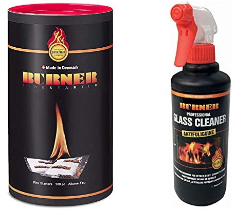 Burner Set 1 x Bio Oil Anzünder 100 Beutel + 1 x Glas Reiniger gegen Ruß 500 ml zur Reinigung von Kamin-, Kamin- und Kaminglasscheiben