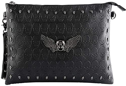 Downupdown Damen Clutch, Punk, Spitze, Totenkopf, Nieten, kleine Schultertasche für Damen