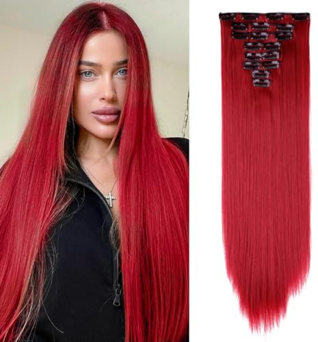 TESS Haarteil Clip in Extensions wie Echthaar Kunsthaar günstig 8 Tressen 18 Clips Haarverlängerung Glatt Rubinrot 23(58cm)-140g