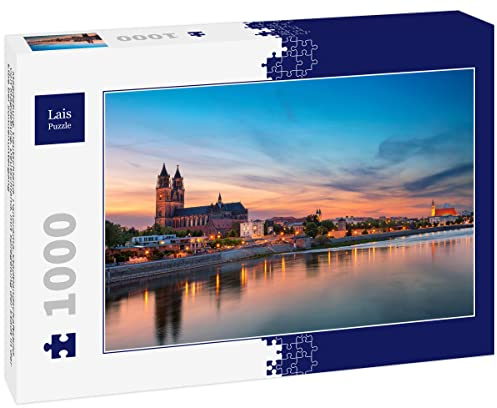 Lais Puzzle Magdeburg, Deutschland. Panorama-Stadtlandschaftsbild von Magdeburg, Deutschland, mit Spiegelung der Stadt in der Elbe bei Sonnenuntergang 1000 Teile