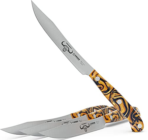 Giesser seit 1776 - Made in Germany - Steakmesser 4 er Set Spicy Orange, Klinge 12 cm, PremiumCut Steak No 1, Acryl, exotisch, rostfrei, deutsches Grillmesser scharf