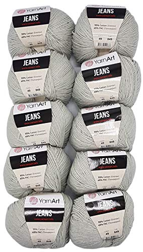 Ilkadim 10 x 50g Strickwolle YarnArt Jeans einfarbig mit 55% Baumwolle, 500 Gramm Wolle Uni (grau 49)