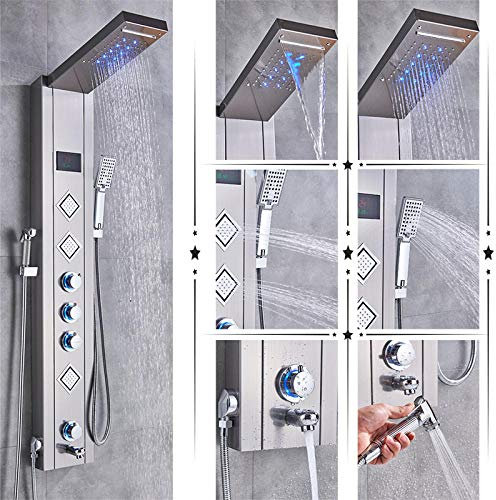 Huin Robinet de douche de salle de bain Panneau de douche LED Colonne Mélangeur de baignoire avec écran de température de douche à main-Nickel brossé