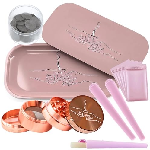 Pink Rolling Tray with Lid, Grinder and Smoking Accessories - Metal Tray with Magnetic Lid and Smell Proof Kit (Smell Proof Bag & Rolling Tray Kit)