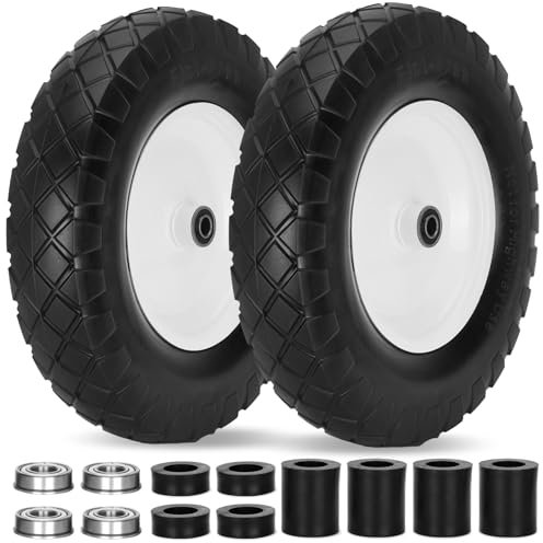 Pontuss Upgraded 16 Flat Free Wheelbarrow Wheels and Tires, 4.80/4.00-8 Solid Wheelbarrow Tires with 5/8&3/4 Bearings,14-16 Universal Fit Wheelbarrow Tires for Wheelbarrows/Garden Trailer