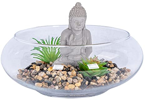 levandeo Deko-Schale D20cm Buddha Figur Grüne Sukkulente Glas Kunstpflanze Tisch-Deko Dekofigur Dekoration Arrangement