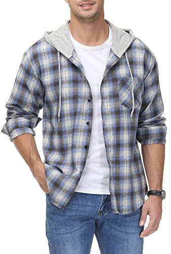 MCEDAR Herren Flanell Hoodie Plaid Shirts Jacke Casual Langarm Button Down Leichtes Kapuzenshirt, Hellblau 11403, Klein