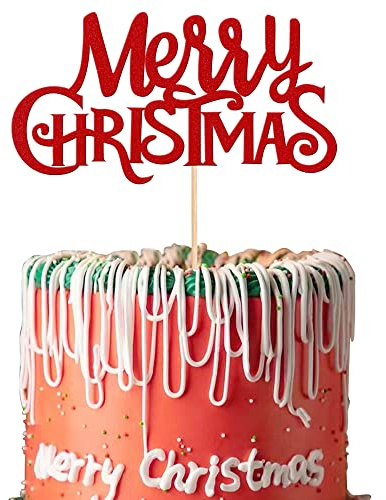 1 Stück Merry Christmas Kuchen Topper Glitter Frohe Weihnachten Urlaub Kuchendekoration Frohe Weihnachten Xmas Thema Geburtstag Party Kuchen Dekorationen Zubehör Rot