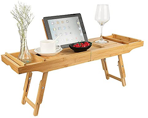 Plateau de Bain en Bambou, Pont de Baignoire Extensible, Etagère à Baignoire de Salle de Bain avec Plateau de Rangement et Porte-Savon, Baignoire et Plateau de Lit, 75-109cm*23*4.5cm