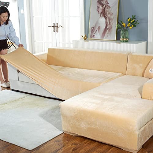 Sofa Schonbezug U Form Ecksofa Couch Bezug ,Dickere Samt Sofabezug L Form Links Rechts,2er Set Chaiselongue Sofa überzug für Wohnzimmer, Sofa Überwürfe für Hunde Haustiere,Beige-2seats:145-185cm