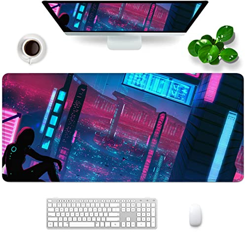 Violette Gaming-Maus, rote Schreibtischmatte, Anime, großes Mauspad, 88,9 x 39,9 x 0,3 cm, XXL-Mauspad, japanisches Tokyo City, großes Mauspad für Schreibtischunterlage (Lila Rot, 1)