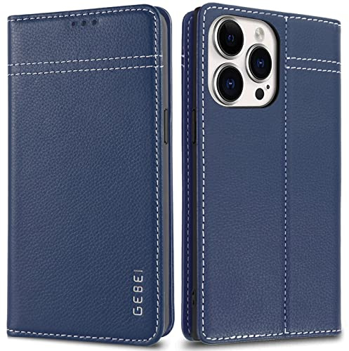 Gebei Hülle Echt Leder für iPhone 14 Pro Max (6,7) - Premium Echte Lederhülle mit Standfunktion Kartenfach Magnetverschluss Flip Case Ledertasche Handyhülle Schutzhülle Klapphülle – Blau