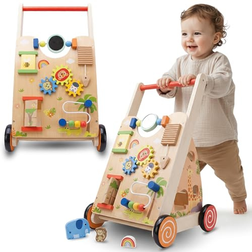 SUN BABY XXL Chariot de Marche en Bois - Marron | Tableau d'activités et structure en bois robuste