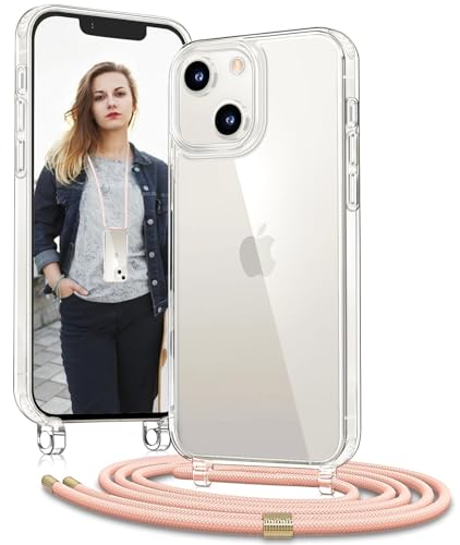 OLEPHY Handykette für iPhone 15 Hülle mit Band - Necklace Handyhülle mit Schnur - Transparente Case zum Umhängen mit Verstellbarem und Demontage Umhängeband, Rosa