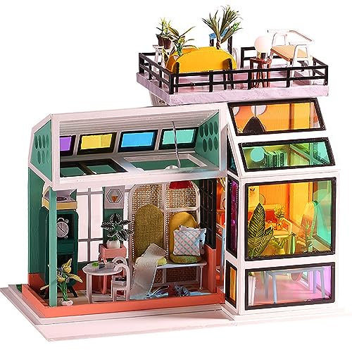 DIY Dollhouse Kit, Miniature House Kit 1:24 Scale Furnished and LED Lighting Three-Dimensional Jigsaw Puzzle Creative Assembly Color Doll House Handmade Gift for Birthday Halloween