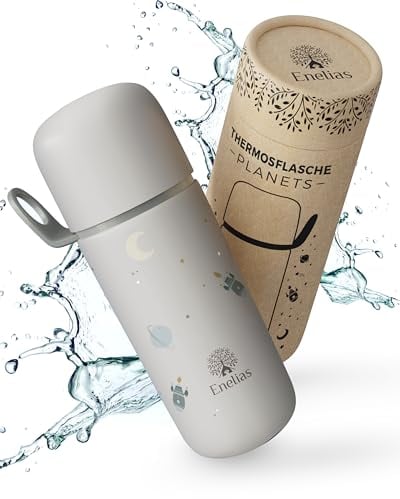 Enelias® Thermoskanne mit Becher [350 ml] - Thermosflasche mit praktischem Verschluss, BPA-frei, kohlensäuregeeignet - Edelstahl Trinkflasche Kinder für Ausflüge, Kindergarten und Schule | Creme