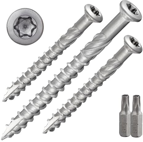 DSM – Terrassenschrauben 5 x 50 mm – Senkkopf mit Torx TX25 – 400 Stück | Edelstahl A4 – ETA-Zulassung [TrueSpec Präzision] unterkopfverstärkt, Fräsrippen, Schaftfräser, Cutspitze – inkl. 2 x S2-Bit