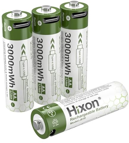 Hixon Batteria ricaricabile al litio da 1,5 V AA, 3000 mWh USB-C AA, batteria al litio da 1,5 V, 4 batterie AA al litio