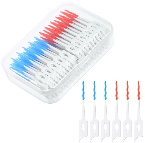 URAQT 220 Pcs Brossettes Interdentaires, Bâton de Fil Dentaire, Soft Silicone Brosse à dents, Outil de Nettoyage de Dents pour Inter Dentaire Hygiène Interdentaire(Bleu Clair + Rouge Orange)