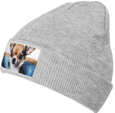 Strickmütze Hund in der Box Druck Beanie für Frauen Weiche Warme Beanie Cap Lässige Strickmütze Männer Winter Beanies, Grau, Einheitsgr��e