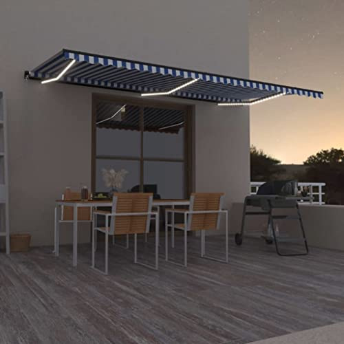 Balkon überdachung Türüberdachung Regenschutz Balkon Gelenkarmmarkise Einziehbar mit LED 600x300 cm Blau und WeißGeeignet für Haustür,Balkon, Pavillion