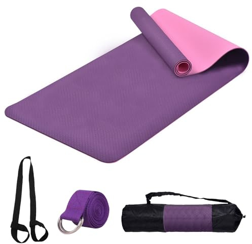 Yogamatte, Pilates, rutschfest, 10 mm, Yogamatte, Sportmatte, Yogamatte, für Pilates Yoga Fitness, 183 x 61 cm (TPE, Violett)