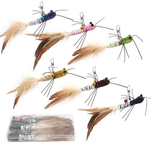 SONGWAY 6 Stück Katzenspielzeug Feder - Insektenförmig Katzen Federspielzeug, Katzenangel Ersatzfedern Anhänger mit Glocken, Interaktives Katzenspielzeug, Federschwanz