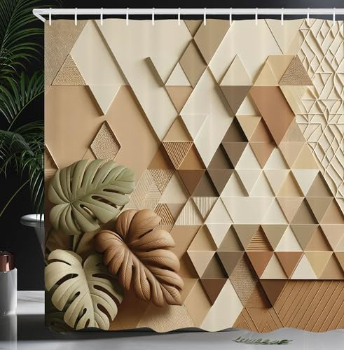 ABAKUHAUS Monstera Duschvorhang, Boho skandinavischer Stil Dreieckiges Polygonales geometrisches Formenmuster, Stoffliches Gewebe mit Haken, 175 x 240 cm, Blasses Resedagrün Kakao