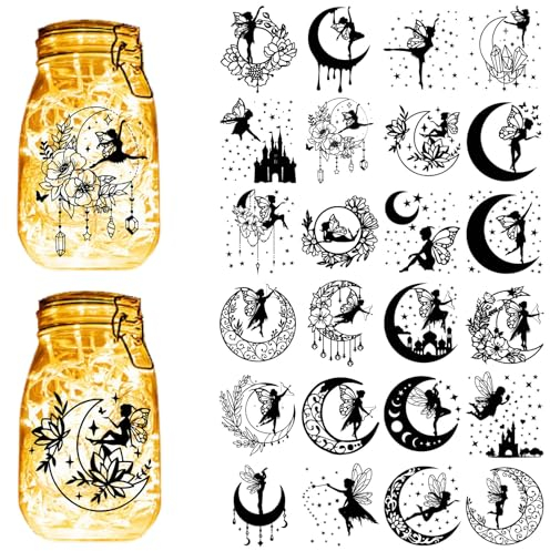 CREATCABIN 24 Stück Feen-Engel-Silhouetten,Einmachglas-Dekor,Mond,Stern,Lasergeschnittener Karton,Scrapbook-Ausschnitte,Stanzteile,PVC Zum Basteln von Laternengläsern,Wandmalerei,10x9cm,Ohne Aufkleber