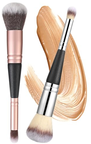 Amabro Kabuki Lot de 2 pinceaux de maquillage à double extrémité pour fond de teint, mini pinceau anti-cernes à poils doux pour liquide, crème, mélange, polissage pour homme et femme