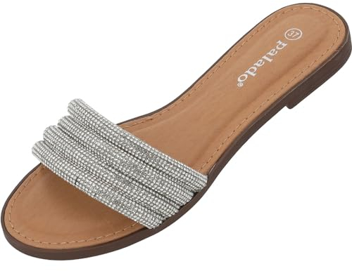 Palado Pantoletten Damen Jeemi – elegante Sandalen - modische Sommerschuhe - bequeme Hausschuhe mit Strasssteinen Silber Strass UK4,5 - EU37