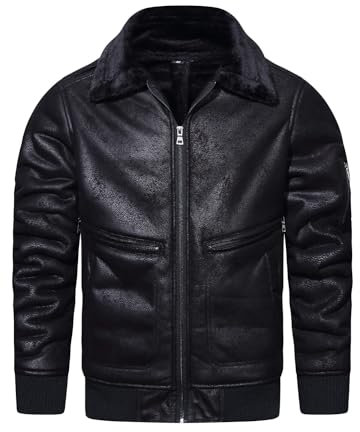 HOOD CREW Herren Kunstleder Jacke Warm Winter Pelz Mantel Motorrad Bomberjacke, Schwarz , XL