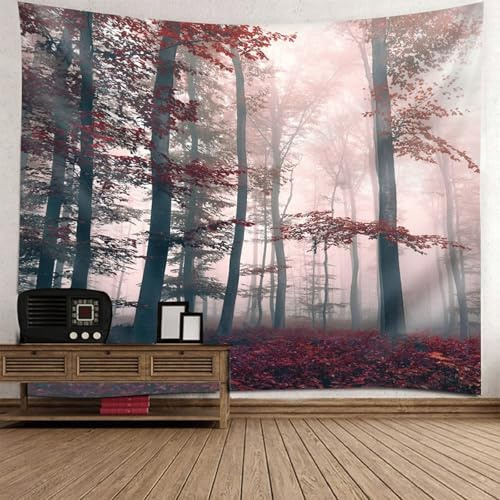 Skcess Wand Tuch Grau Rot, Polyester Tapisserie Bäume Und Nebel Tapisserie für Wohnzimmer Schlafzimmer Wohnheim Wanddeko Wandteppich 150x130CM