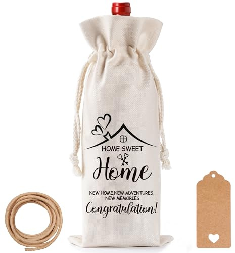 New Home Gifts Wine Bag - Funny Housewarming Wine Bottle Bag With Label for New House Gift Ideas, Reusable Jute Drawstring Wine Gift Bag for New Homeowner Men Women Couples Friend Family Neighbors