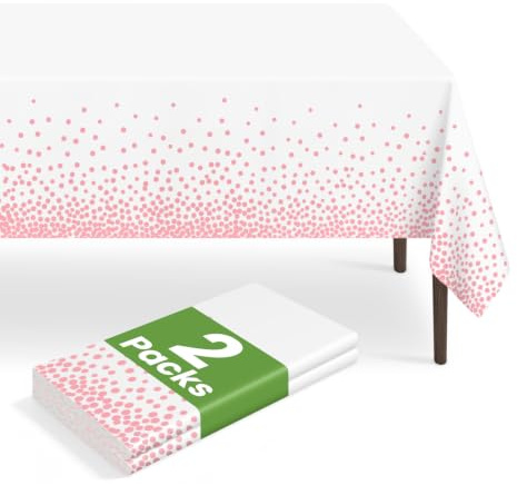 LIKAJON 2 Pack White and Pink Dot Tablecloth, Pink Plastic Table Cloths for Parties Disposable, 54x108 in Waterproof Rectangular Camping Tablecloth for Birthday Party Baby Shower Picnic Valentines
