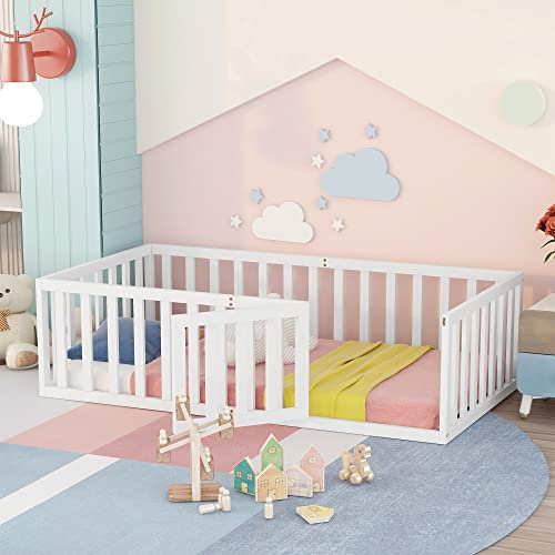 Zepneiy Lit Enfant 90 x 200 cm, Cadre de lit au Sol en Bois Massif, lit Enfant avec clôture et Porte, Blanc